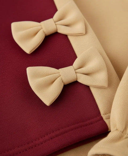 Girls Fleece Sweatshirt & Pants Set – Maroon Beige Bow Outfit