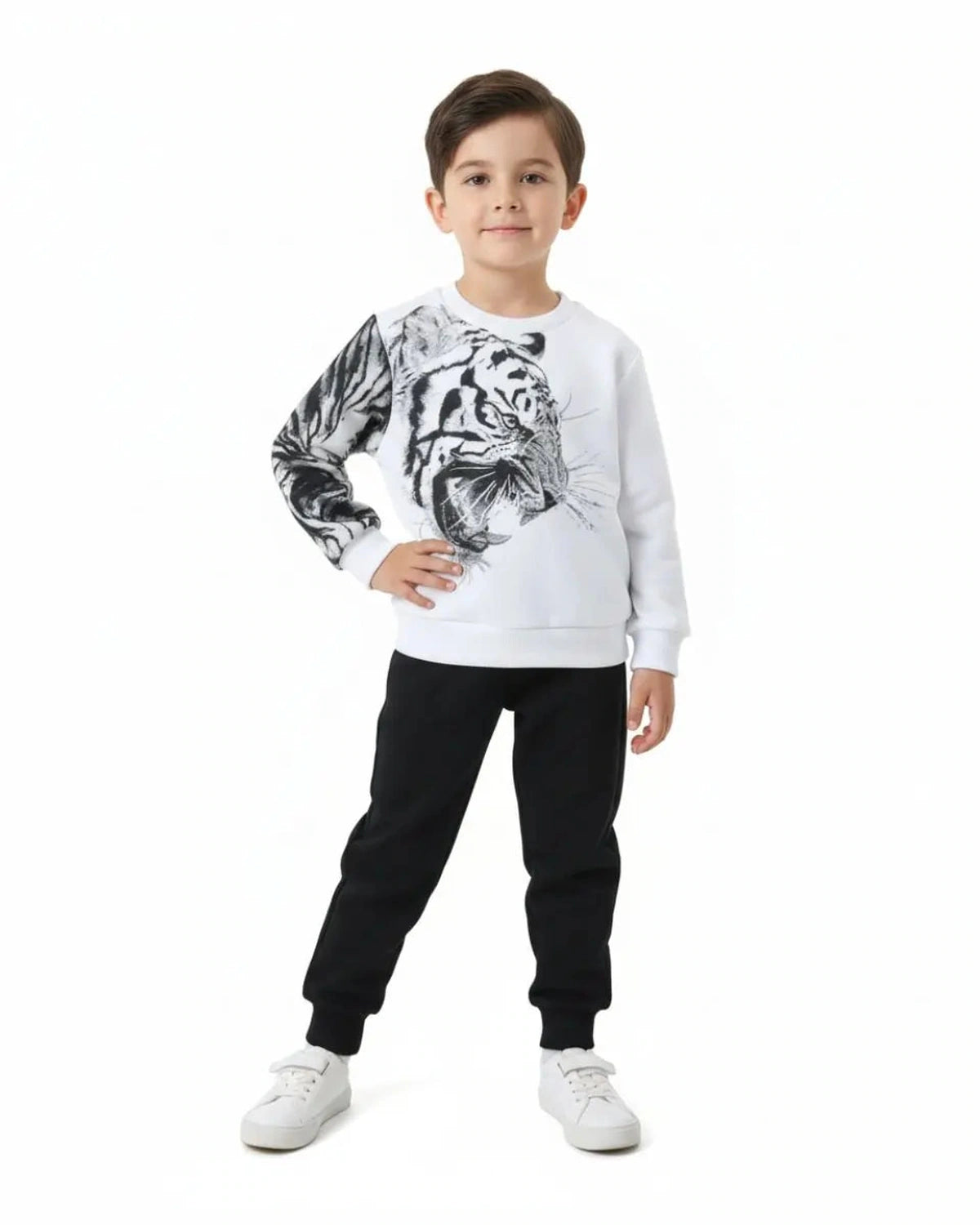 Unisex White Tiger Print Sweatshirt with Black Trouser Set