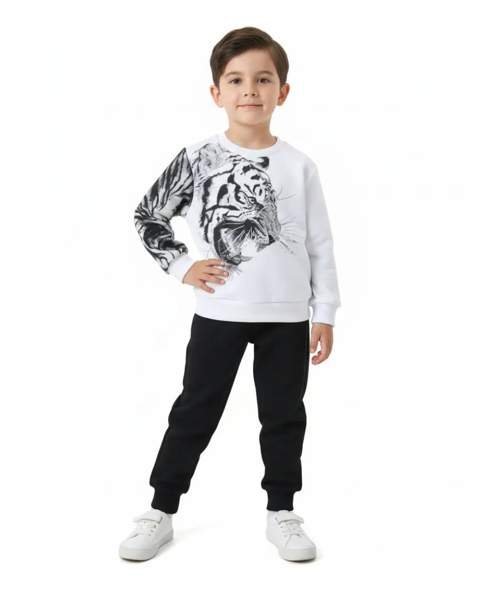 Unisex White Tiger Print Sweatshirt with Black Trouser Set