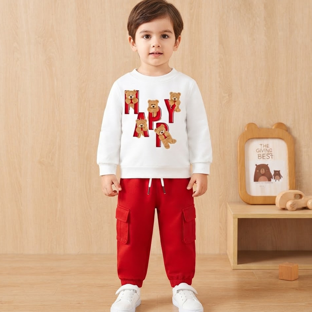 Kids' "HAPPY" Teddy Bear White Sweatshirt & Red Cargo Jogger Set