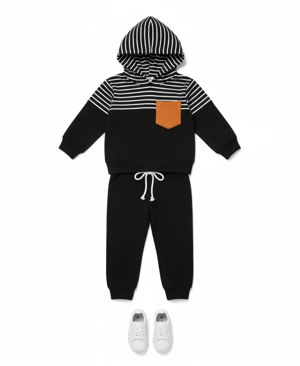 Unisex Cotton Hoodie & Trouser Set – Black Striped Winter Outfit