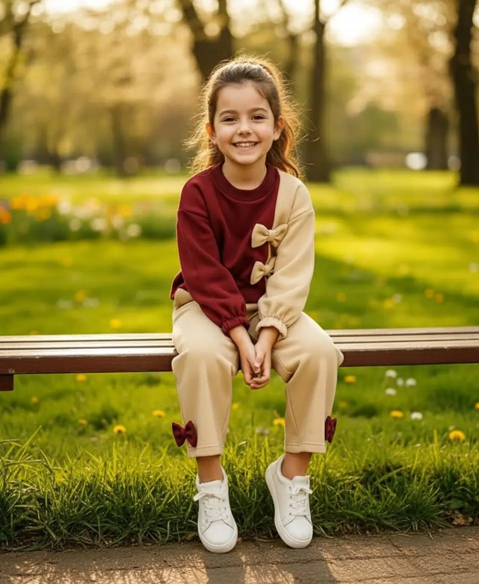 Girls Fleece Sweatshirt & Pants Set – Maroon Beige Bow Outfit