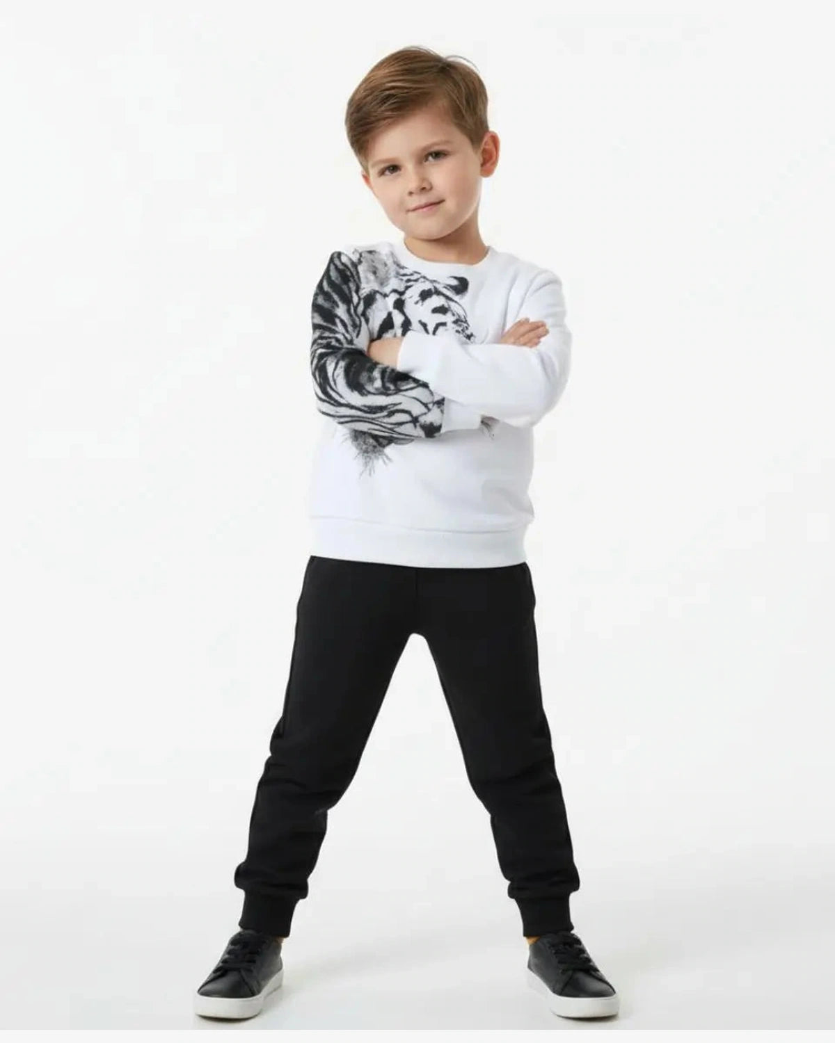 Unisex White Tiger Print Sweatshirt with Black Trouser Set