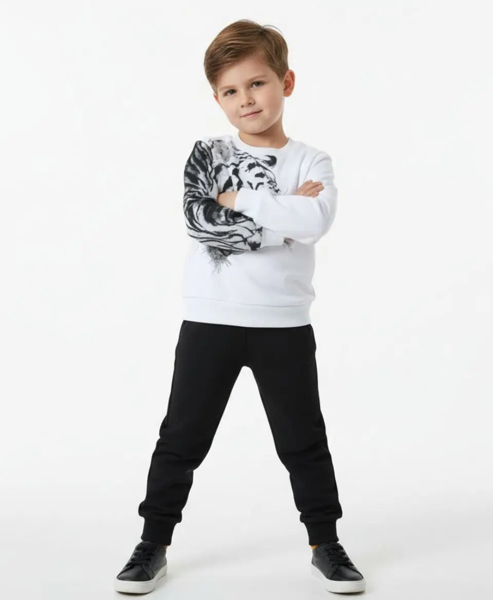 Unisex White Tiger Print Sweatshirt with Black Trouser Set