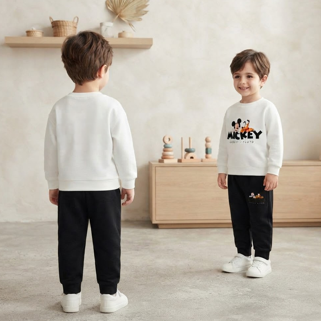 Kids' Disney Mickey & Pluto White Sweatshirt & Black Jogger Set