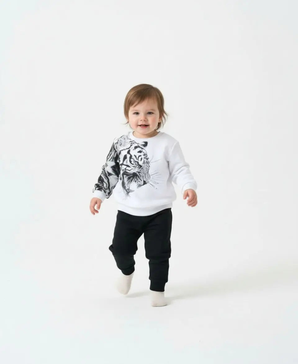 Unisex White Tiger Print Sweatshirt with Black Trouser Set