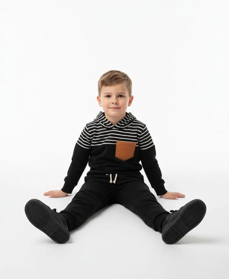 Unisex Cotton Hoodie & Trouser Set – Black Striped Winter Outfit
