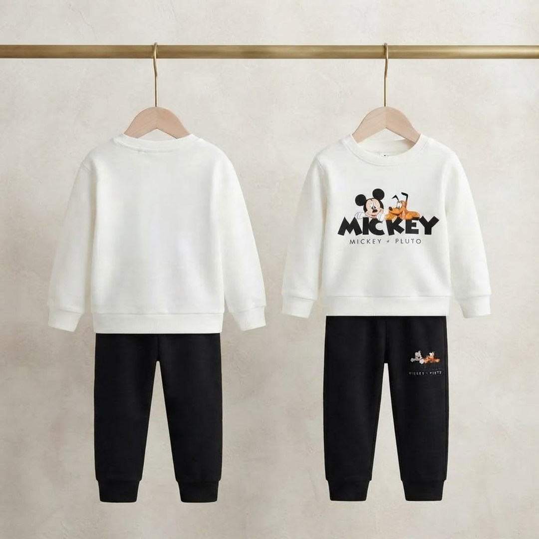 Kids' Disney Mickey & Pluto White Sweatshirt & Black Jogger Set