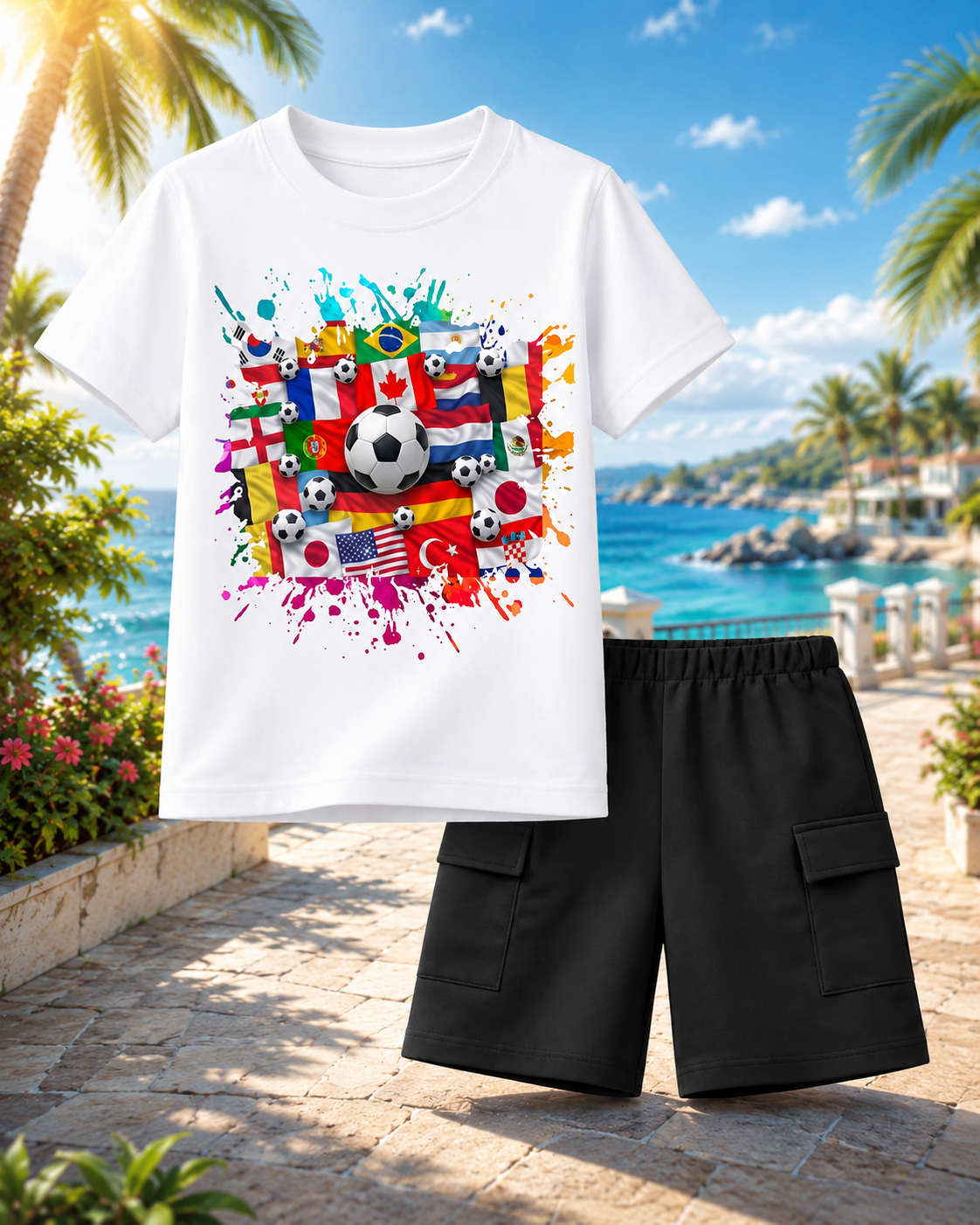 Global Soccer Star Tee & Navy Cargo Shorts Set