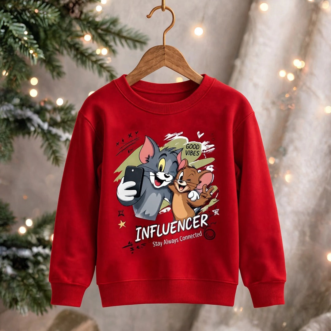 Kids Tom & Jerry Graphic Red Sweatshirt | Cartoon Crewneck Pullover