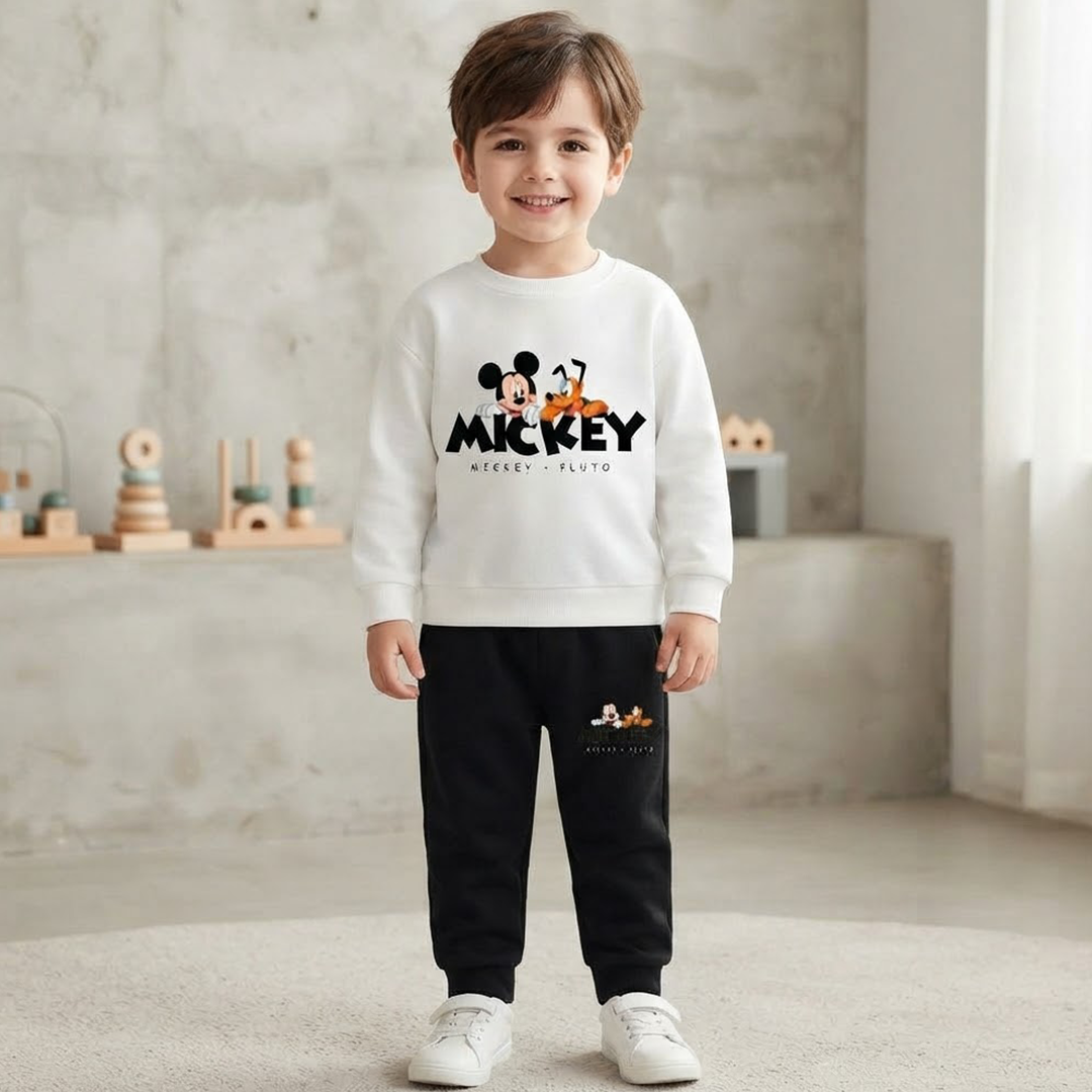 Kids' Disney Mickey & Pluto White Sweatshirt & Black Jogger Set