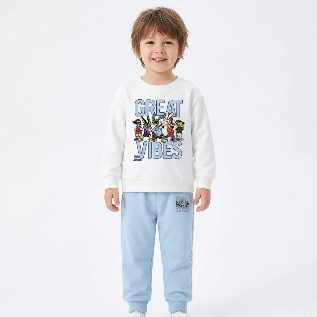 Kids "Great Vibes" Cartoon Graphic White & Light Blue Tracksuit Set