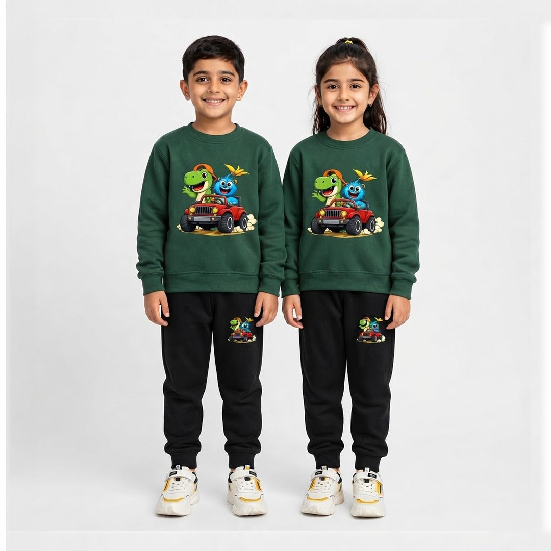 Boys' Dino & Monster Printed Sweatshirt & Trouser Set – Green & Black