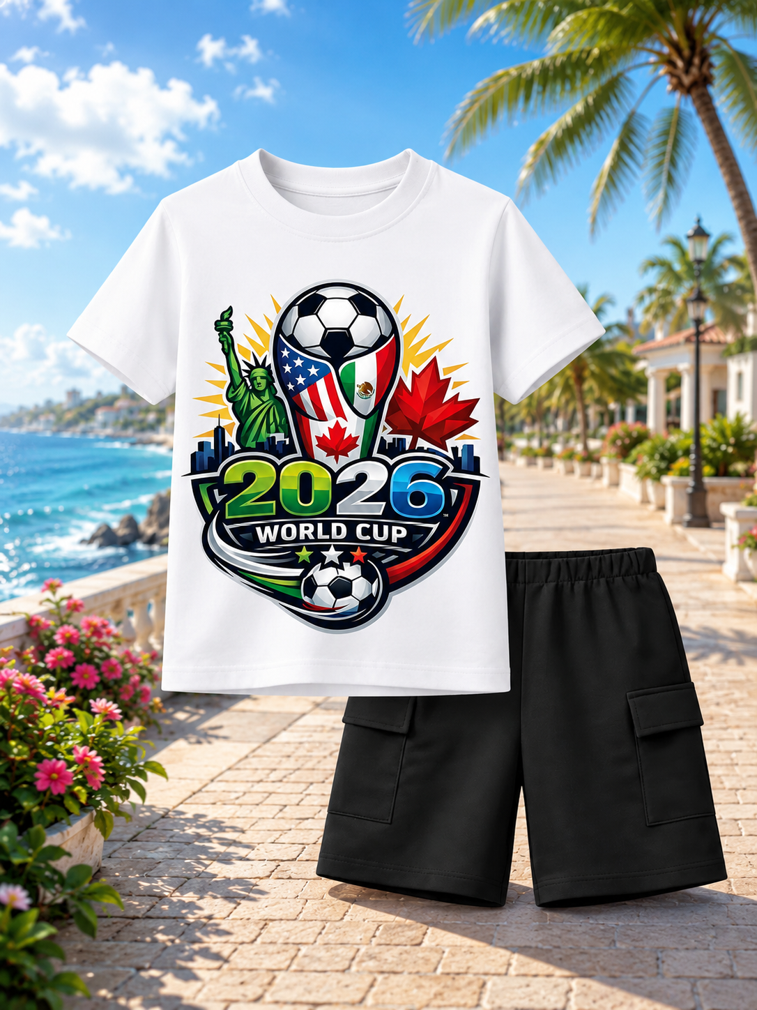 2026 World Cup Champion Tee & Black Cargo Shorts Set