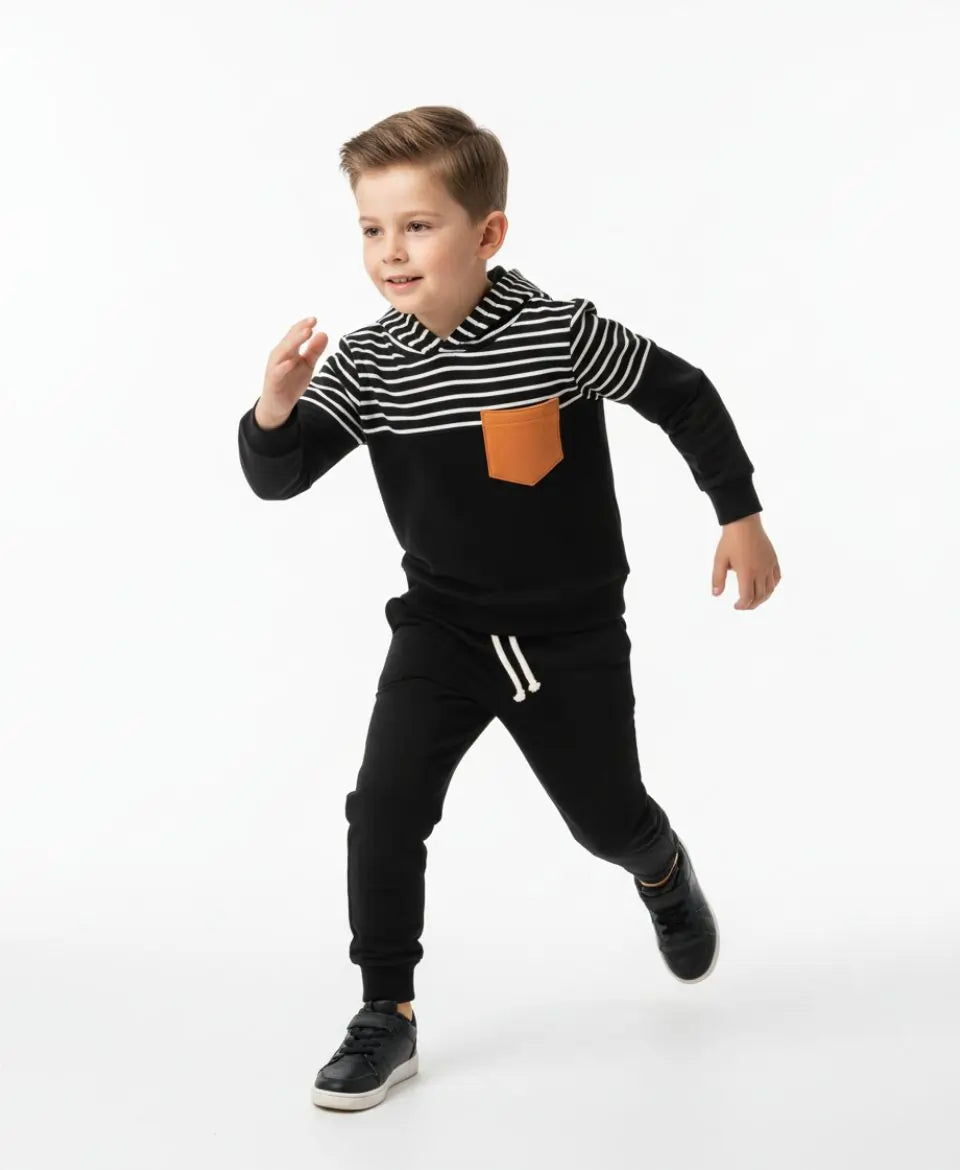 Unisex Cotton Hoodie & Trouser Set – Black Striped Winter Outfit