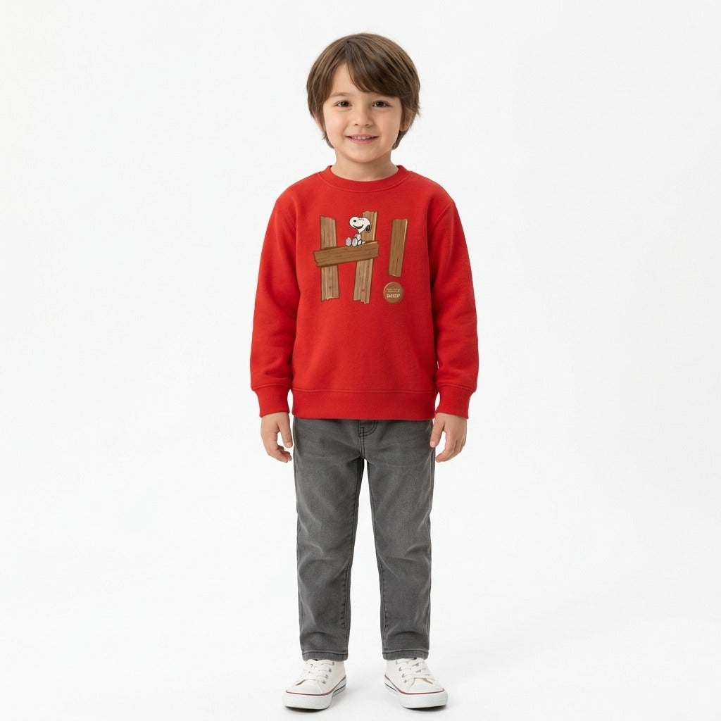 Kids Cute Snoopy Wooden Fence Graphic Red Sweatshirt | Cartoon Crewneck Pullover