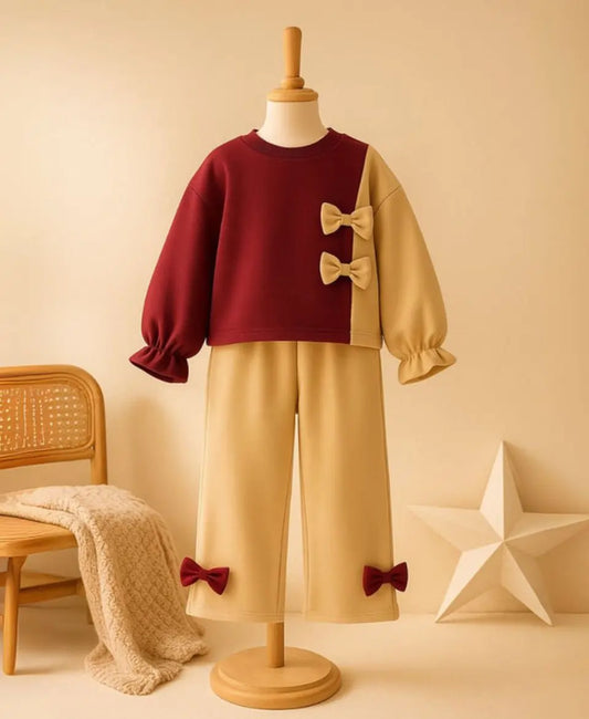 Girls Fleece Sweatshirt & Pants Set – Maroon Beige Bow Outfit