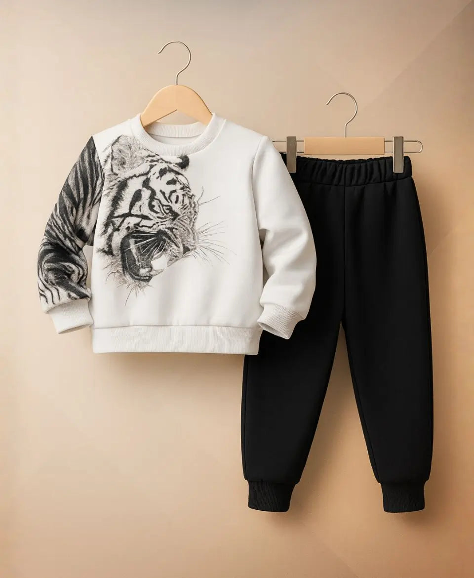Unisex White Tiger Print Sweatshirt with Black Trouser Set