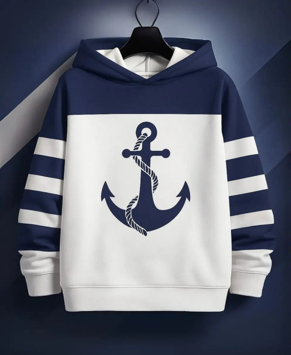 Unisex Cotton Anchor Print Hoodie – Cozy Navy & White Winter Wear