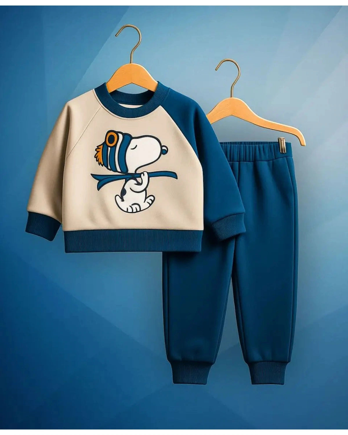 Unisex Cotton Fleece Sweatshirt & Trouser Set – Blue Beige Winter Outfit