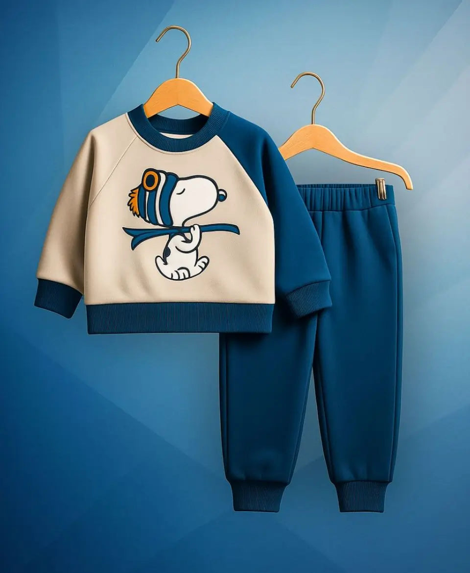 Unisex Cotton Fleece Sweatshirt & Trouser Set – Blue Beige Winter Outfit