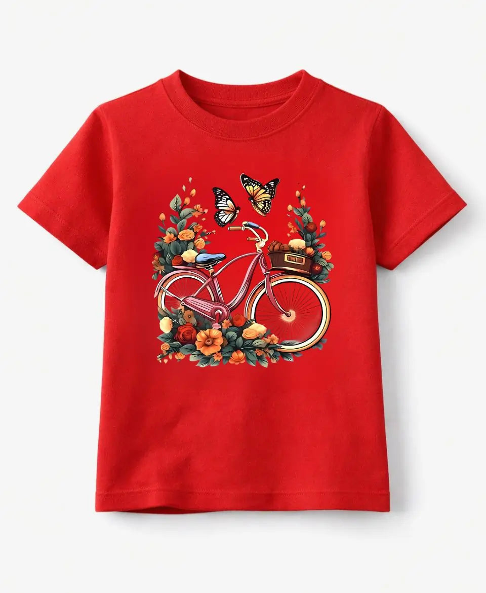 Red t-shirt with a bicycle and floral design on a white background