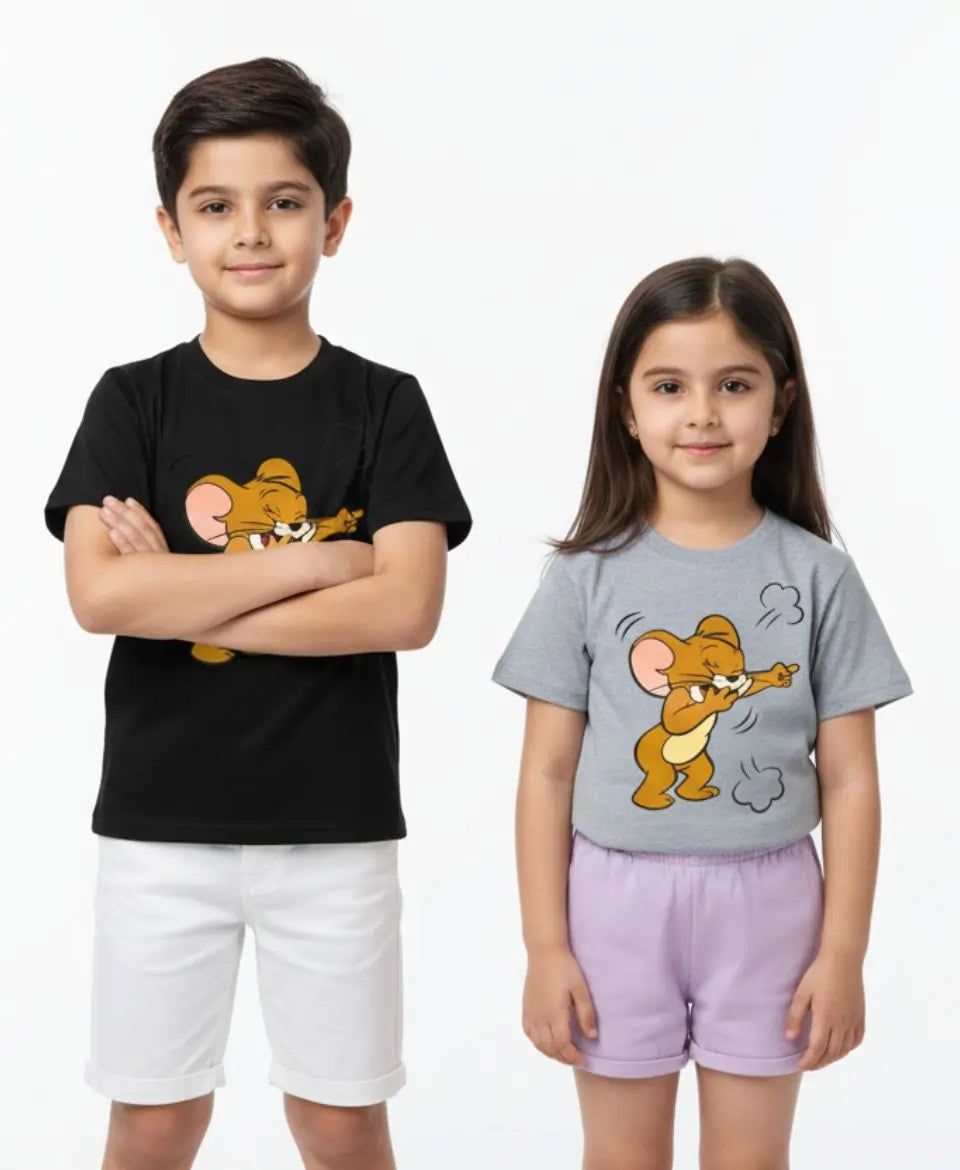 Two children wearing t-shirts with cartoon characters on a white background