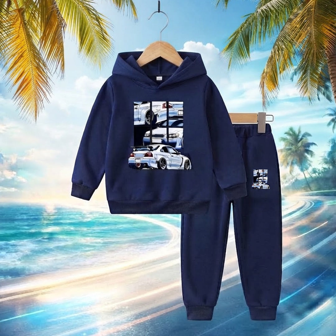 Kids Fleece Hoodie & Jogger Set – Navy Blue Car Print Winter Outfit