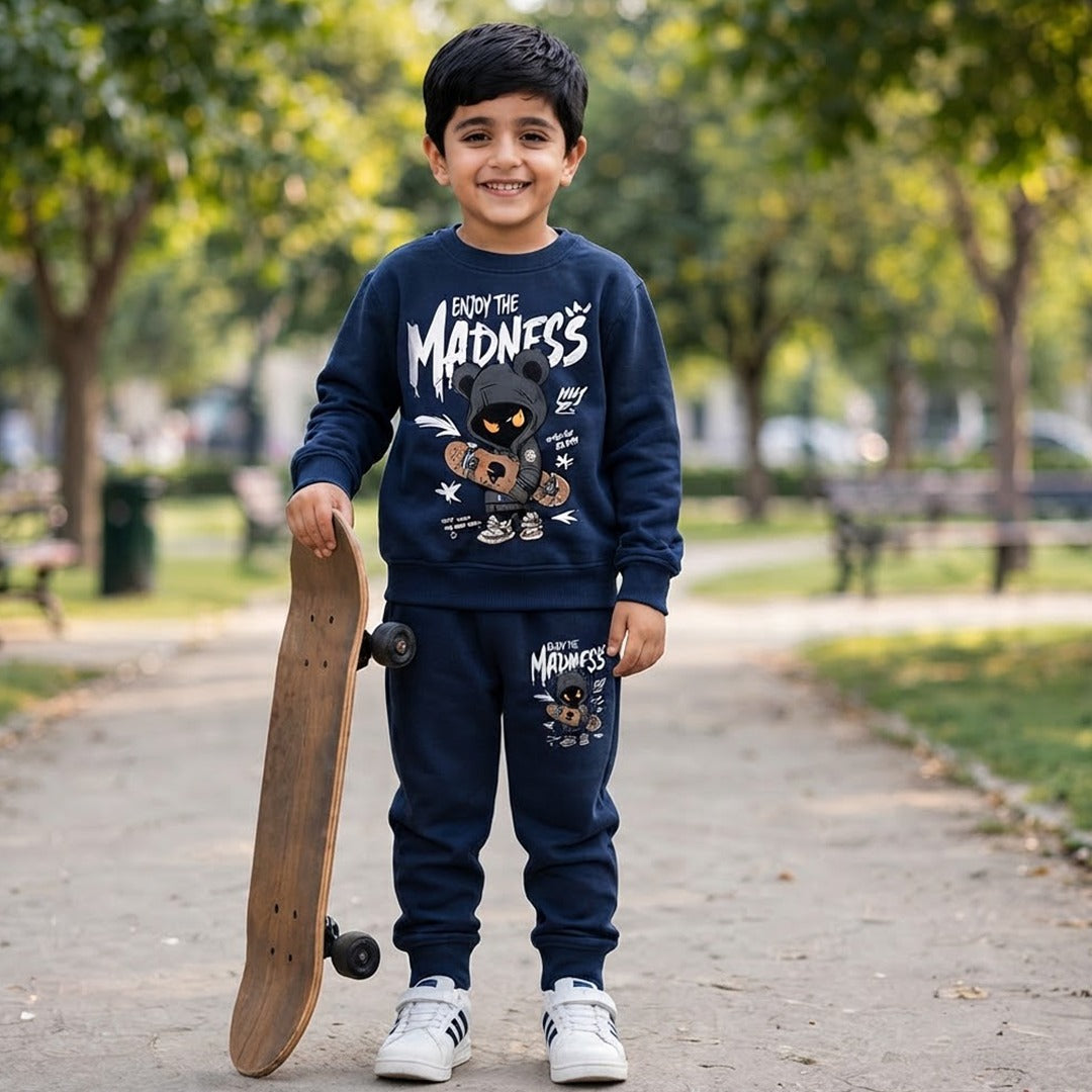 Kids "Enjoy the Madness" Skater Graphic Navy Blue Tracksuit Set