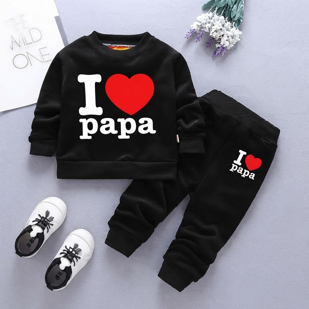 Kids "I Love Papa" Graphic Black Tracksuit Set