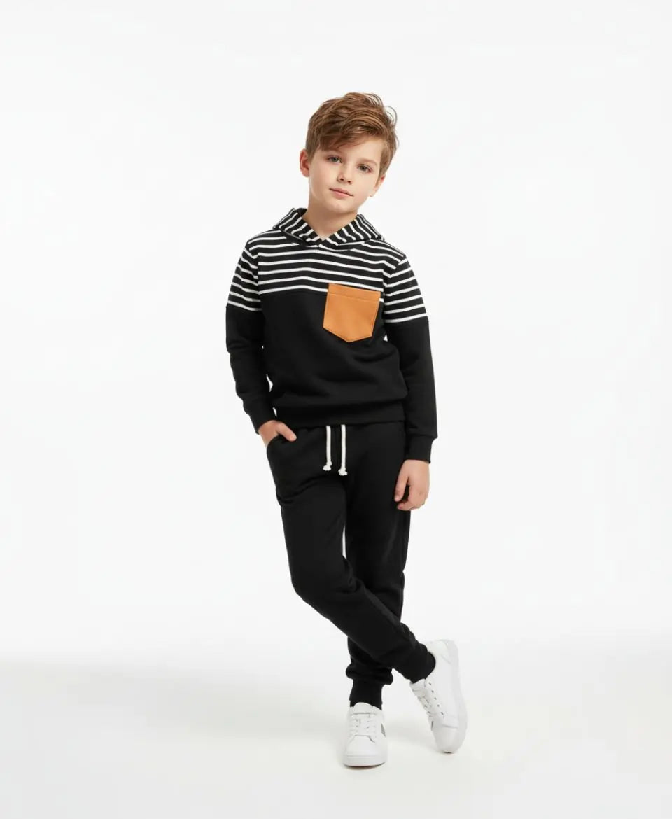 Unisex Cotton Hoodie & Trouser Set – Black Striped Winter Outfit