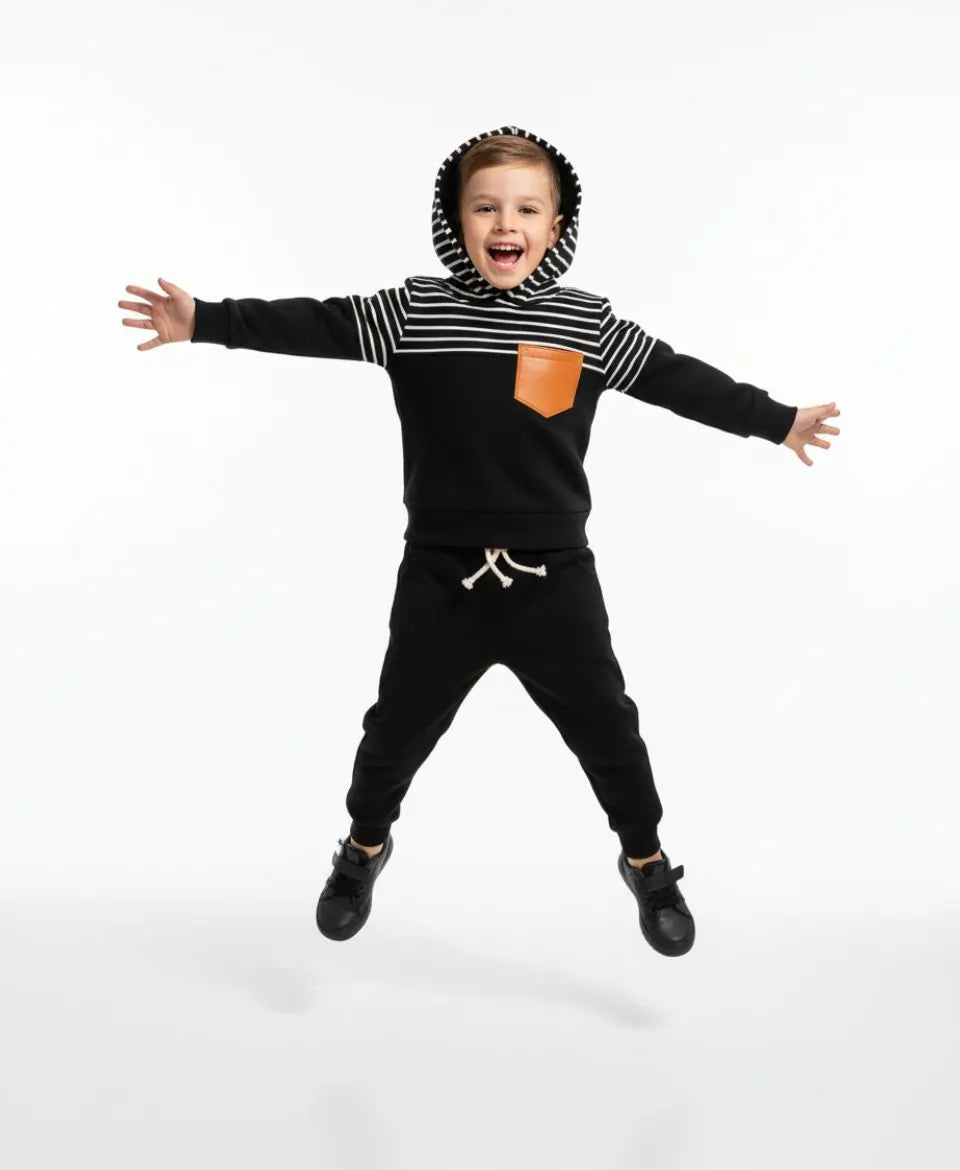 Unisex Cotton Hoodie & Trouser Set – Black Striped Winter Outfit