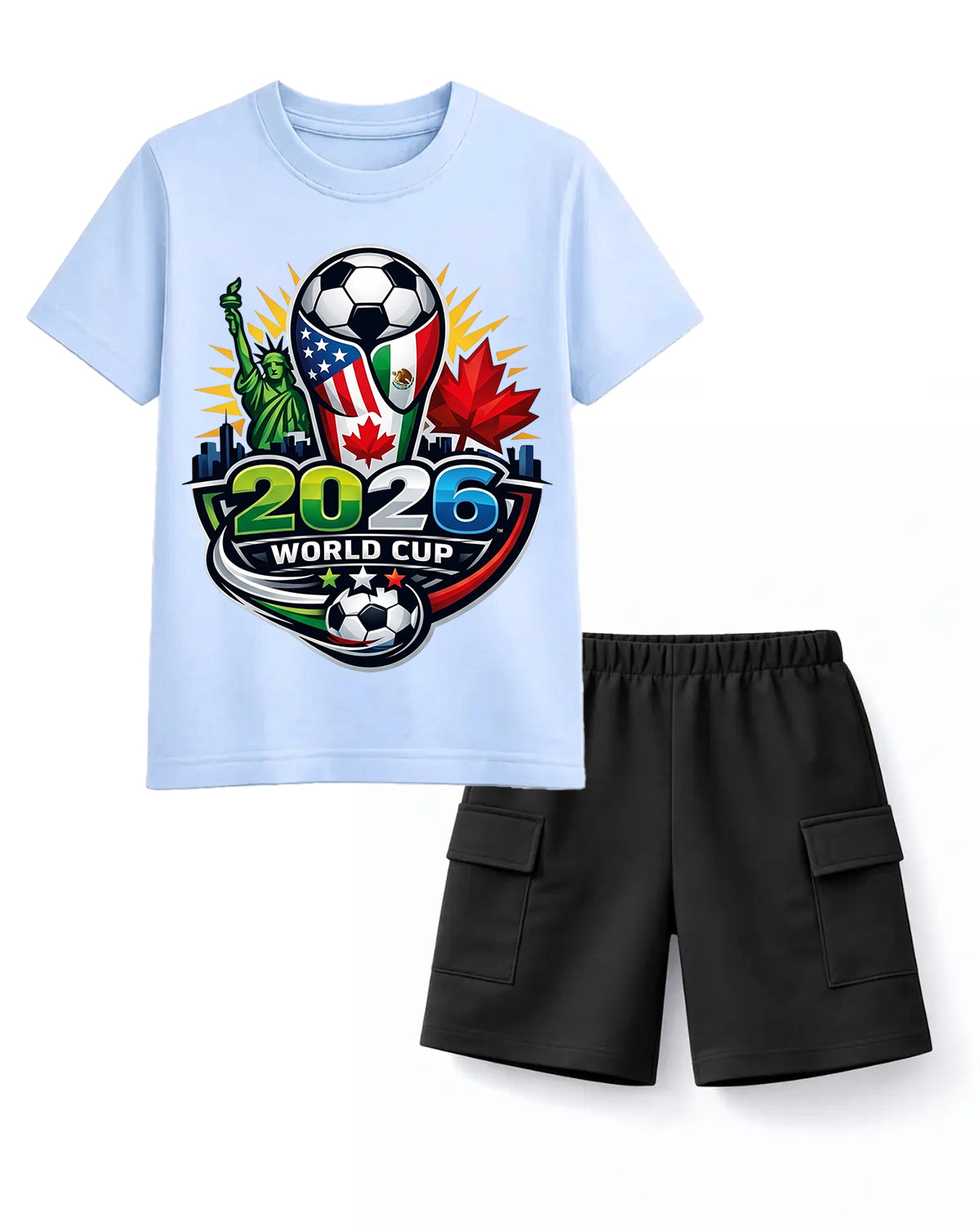 2026 World Cup Champion Tee & Black Cargo Shorts Set