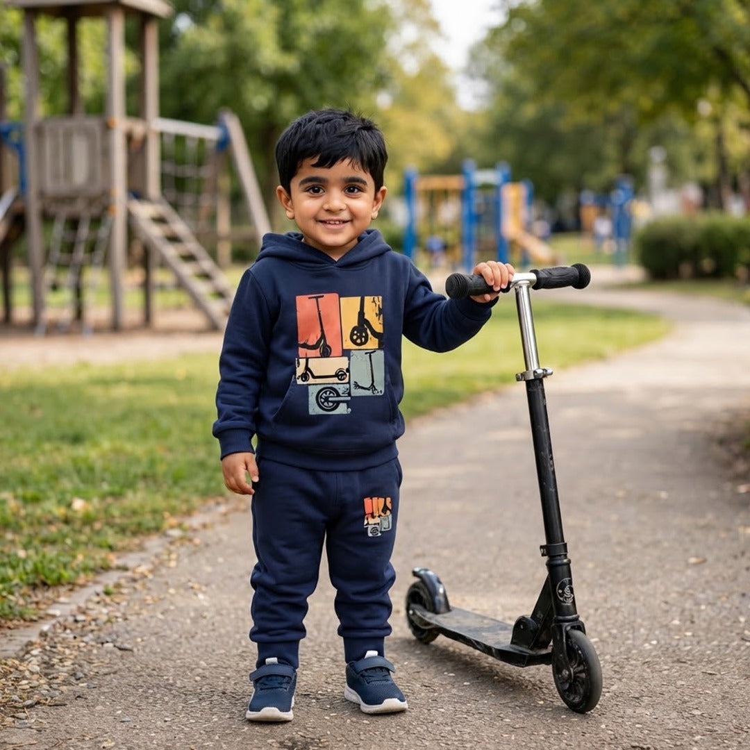 Kids Fleece Hoodie & Jogger Set – Navy Blue Scooter Print Winter Outfit