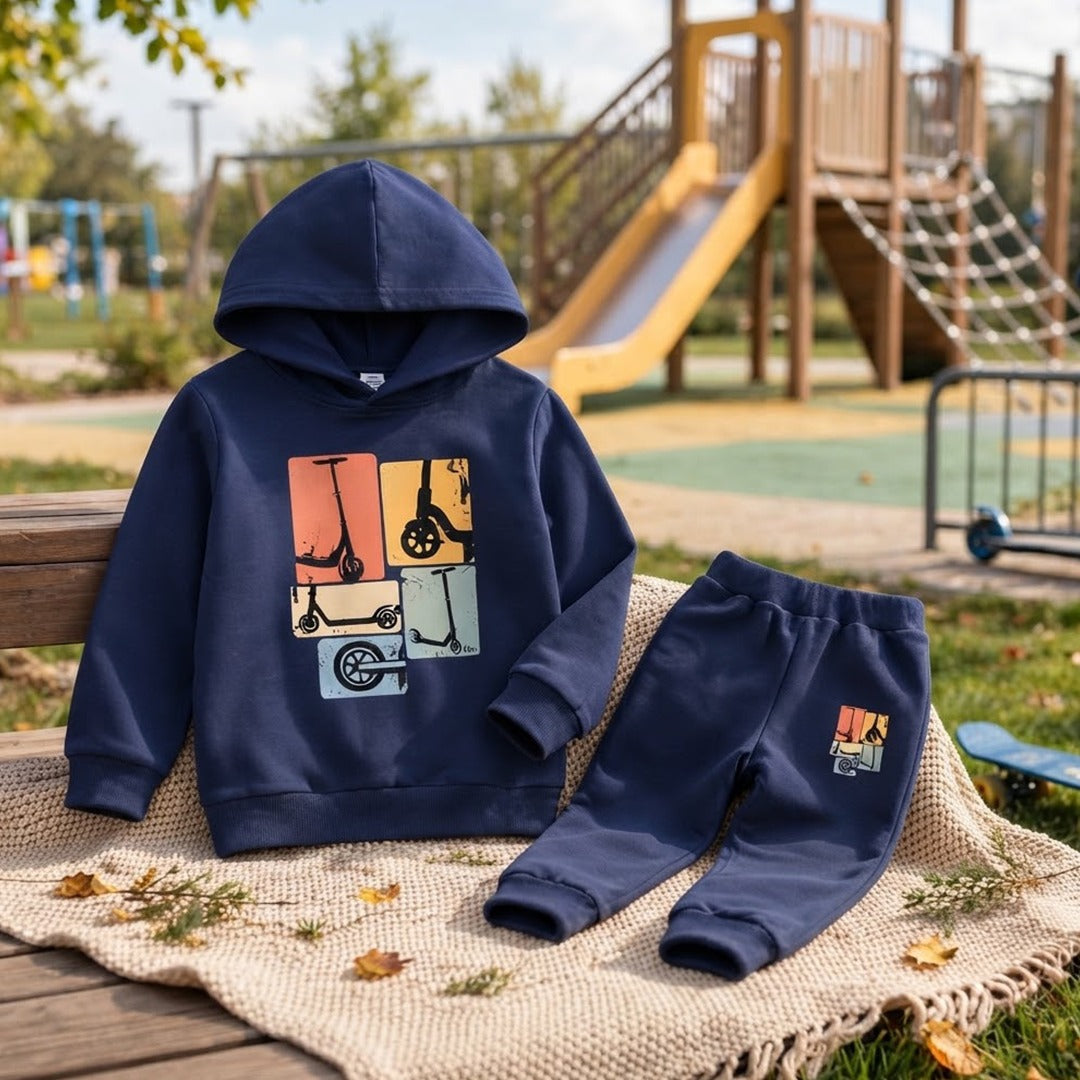 Kids Fleece Hoodie & Jogger Set – Navy Blue Scooter Print Winter Outfit