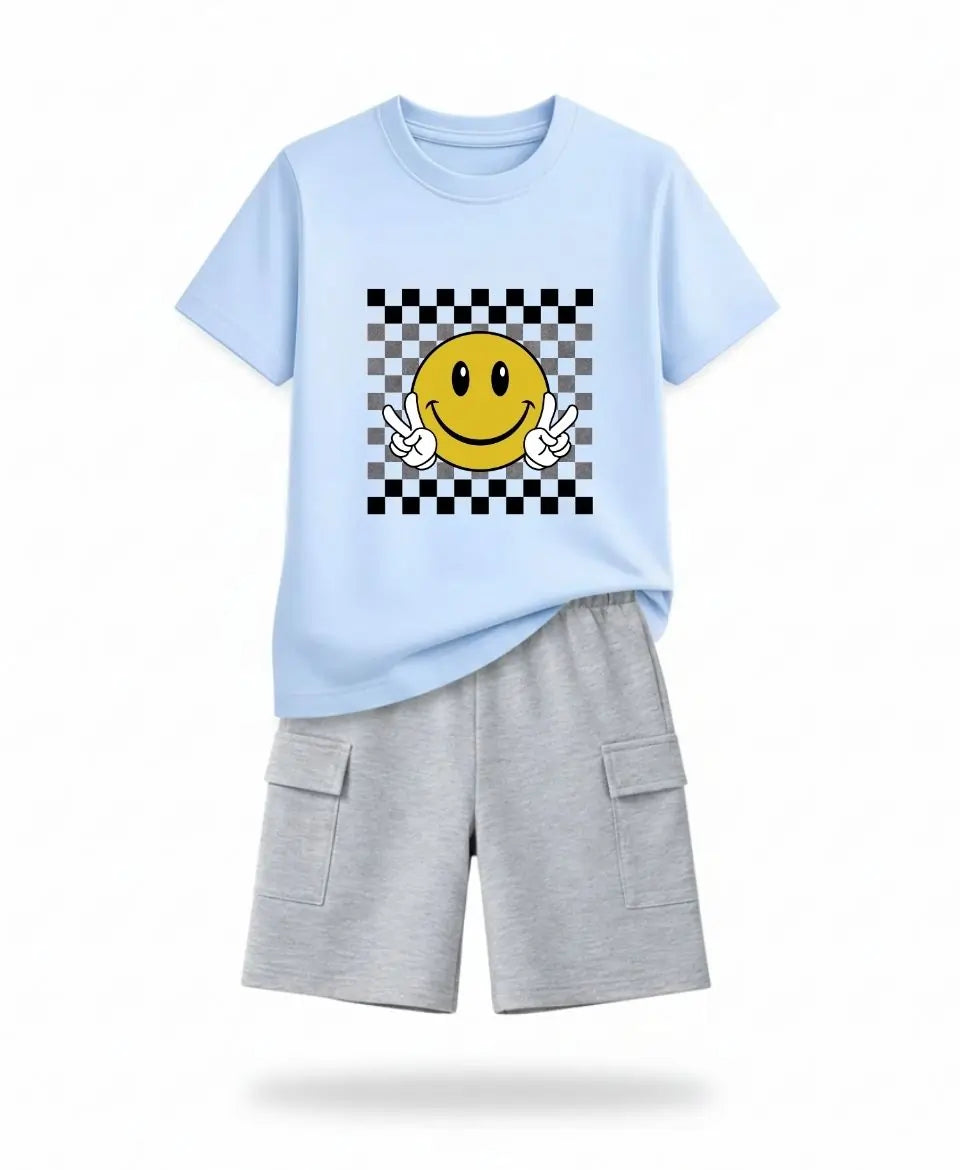 Smiley Checkered Sky Blue Summer Suit Set