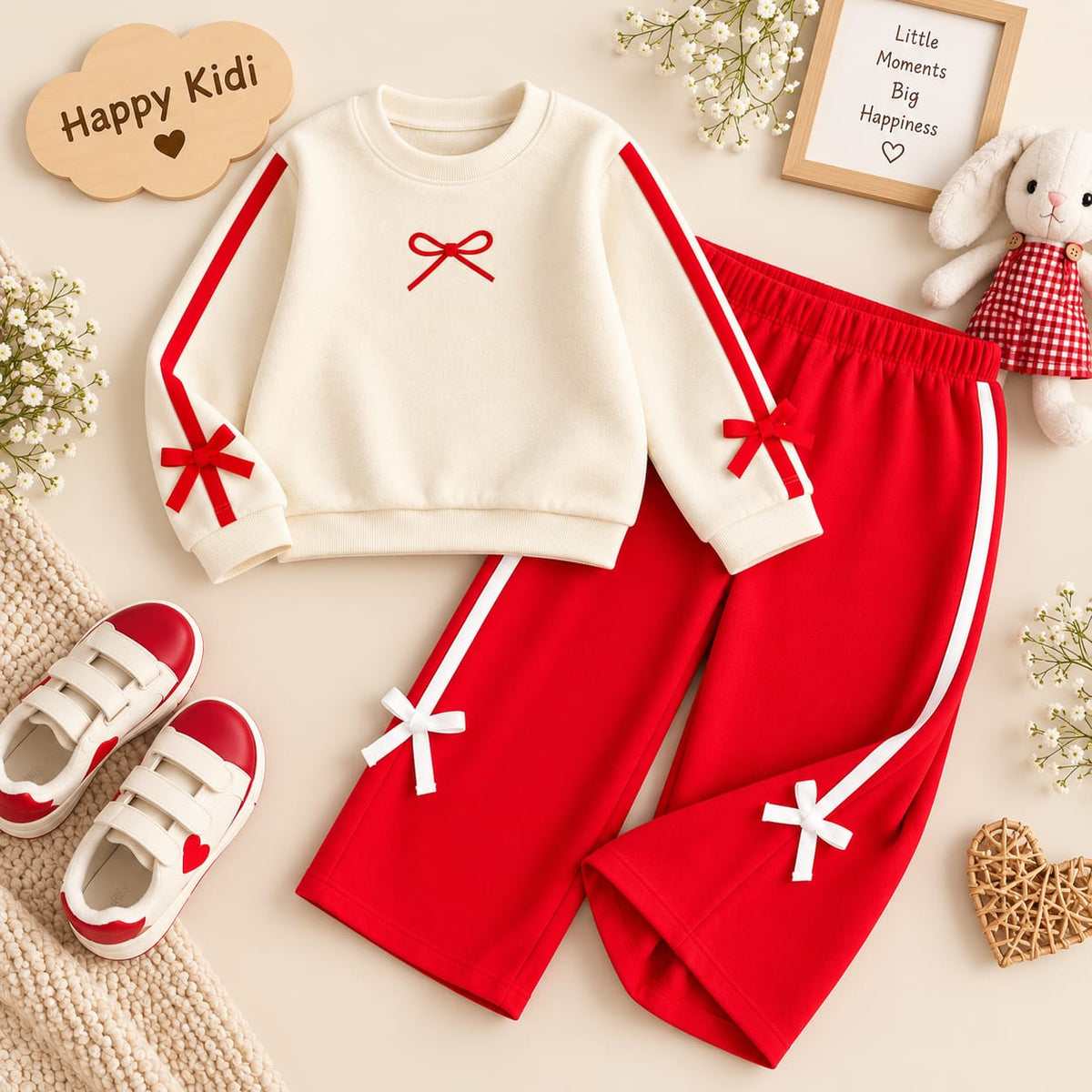 Girls Winter Fleece 2-Piece Set – Cream Sweatshirt & Red Trouser