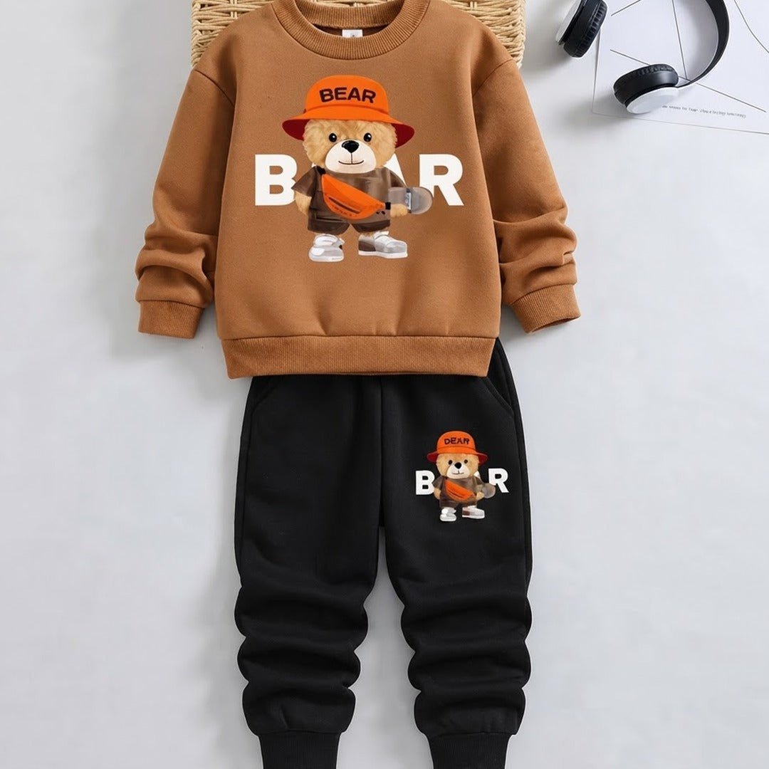 Bear Winter Tracksuit For Kids | Brown & Black 2PC Set