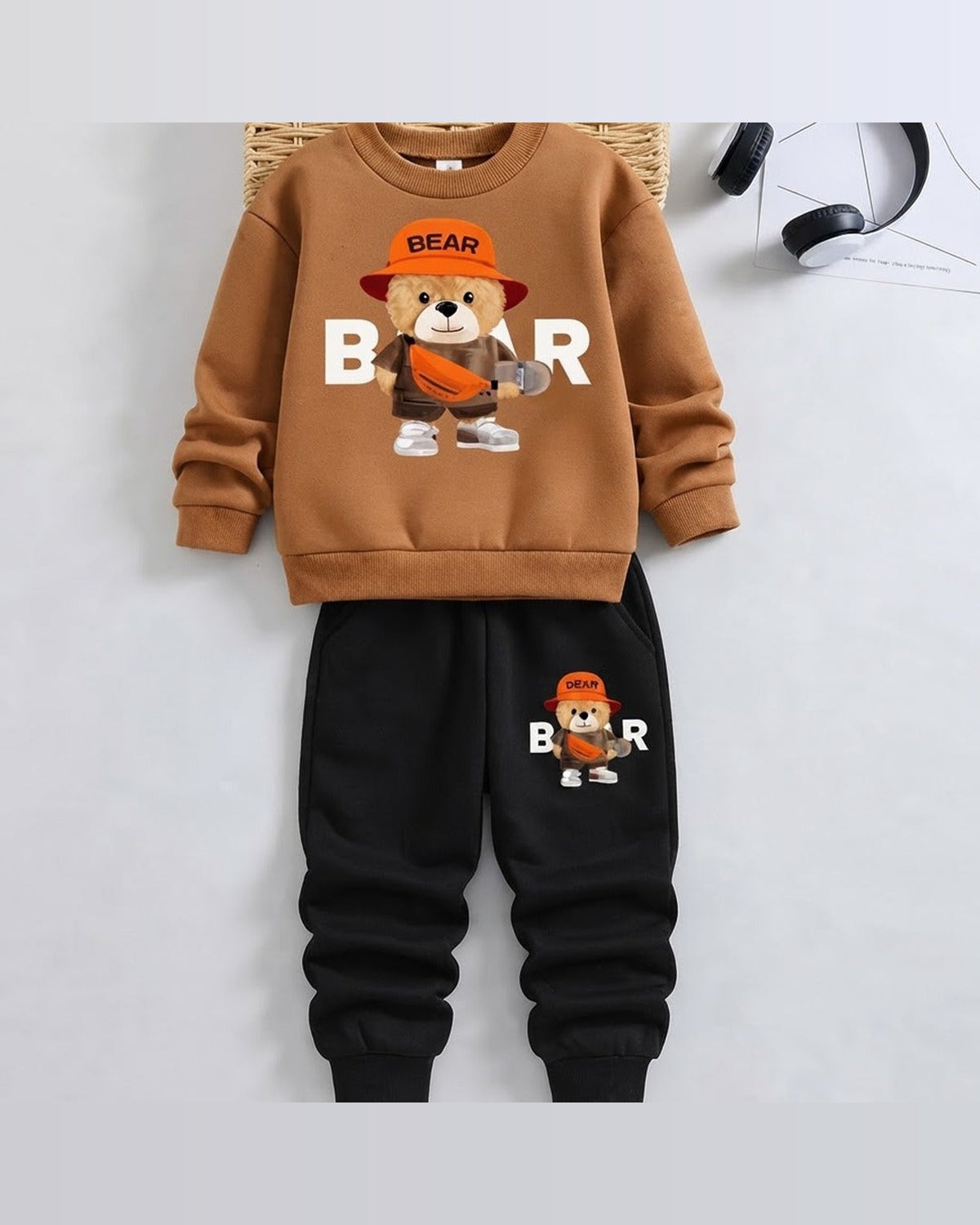 Bear Winter Tracksuit For Kids | Brown & Black 2PC Set
