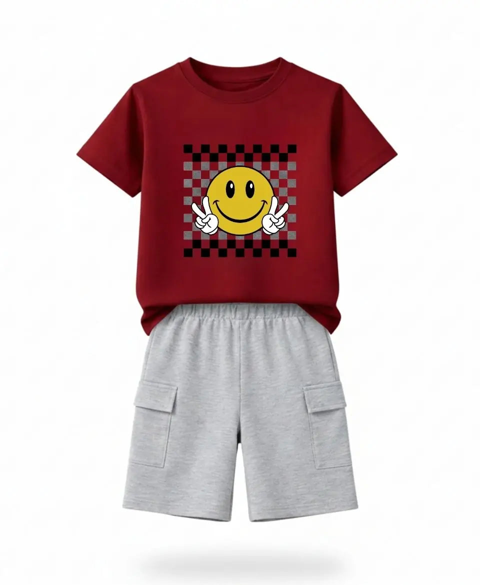 Smiley Checkered Sky Blue Summer Suit Set