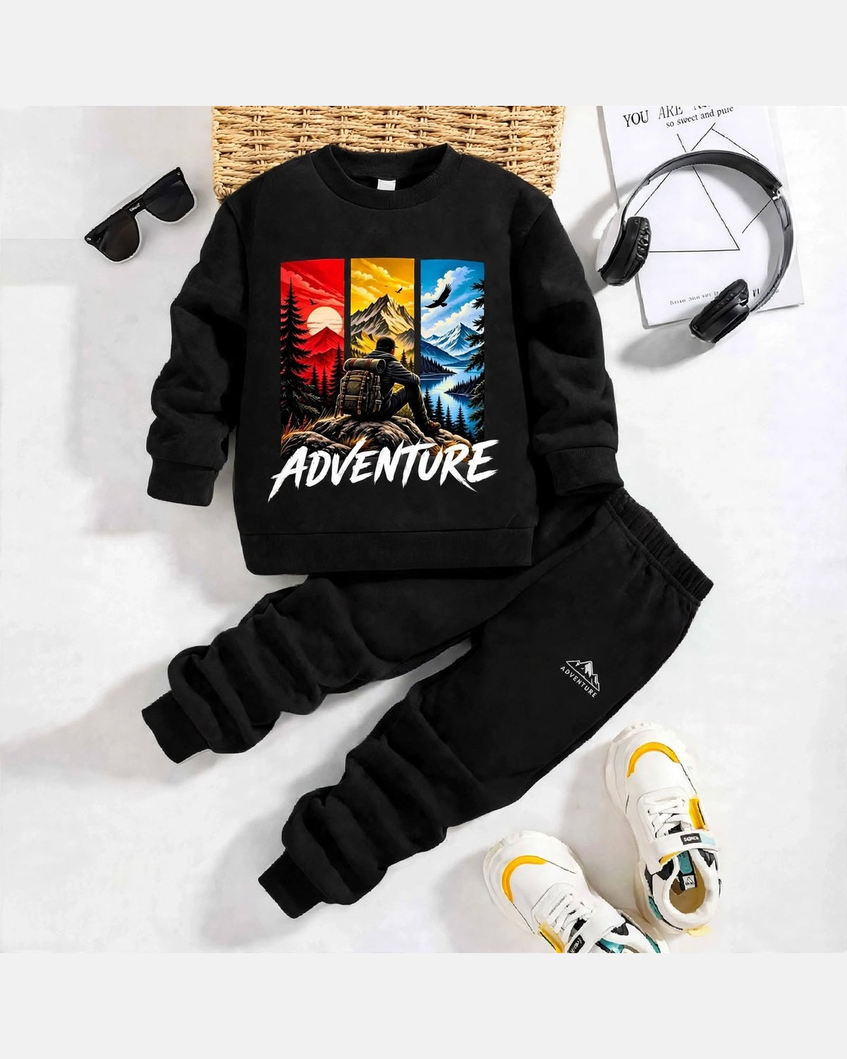 Boys’ Adventure Printed Sweatshirt & Jogger Set – Black Winter Outfit