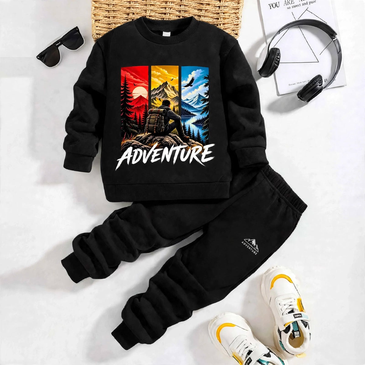 Boys’ Adventure Printed Sweatshirt & Jogger Set – Black Winter Outfit