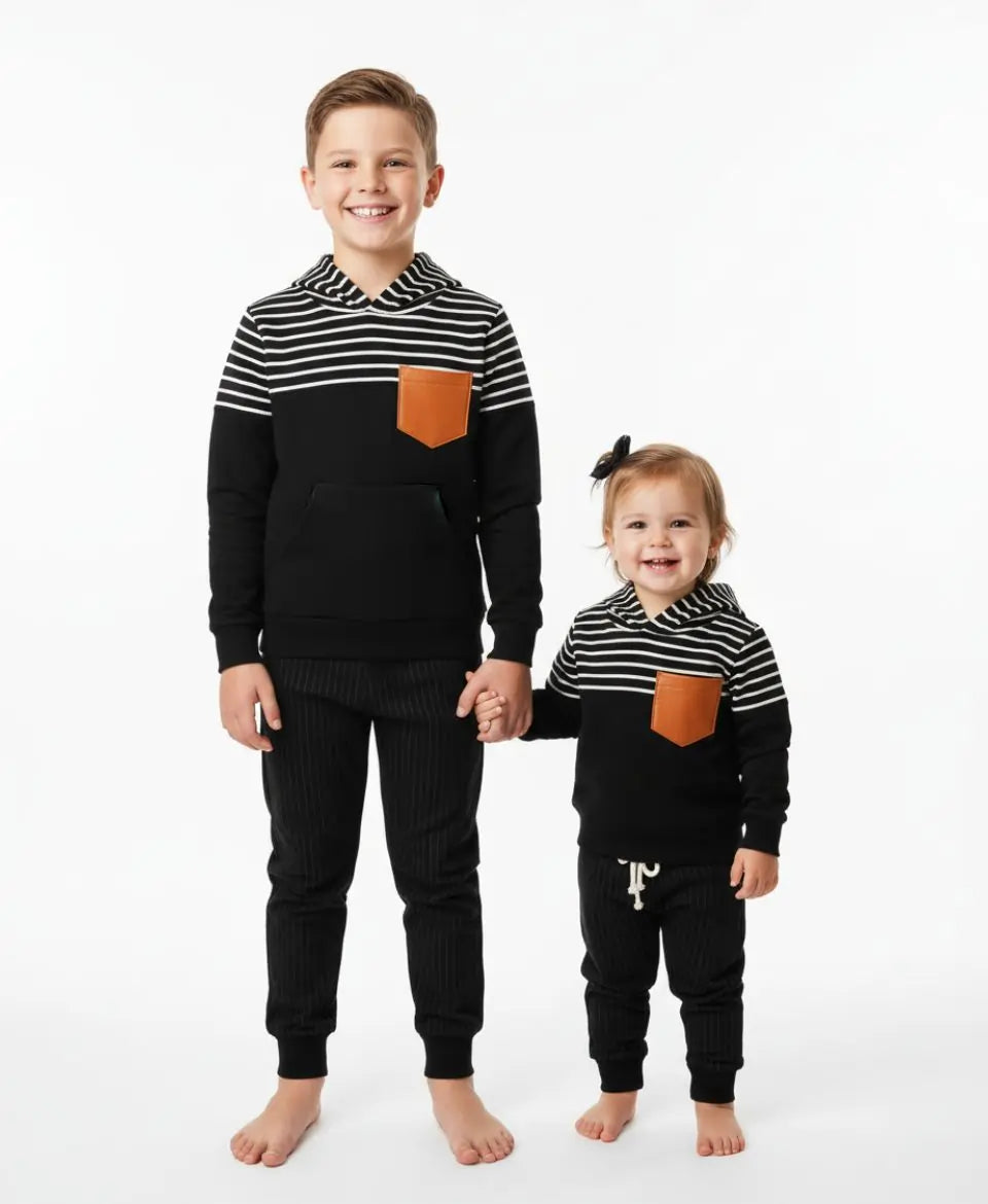 Unisex Cotton Hoodie & Trouser Set – Black Striped Winter Outfit