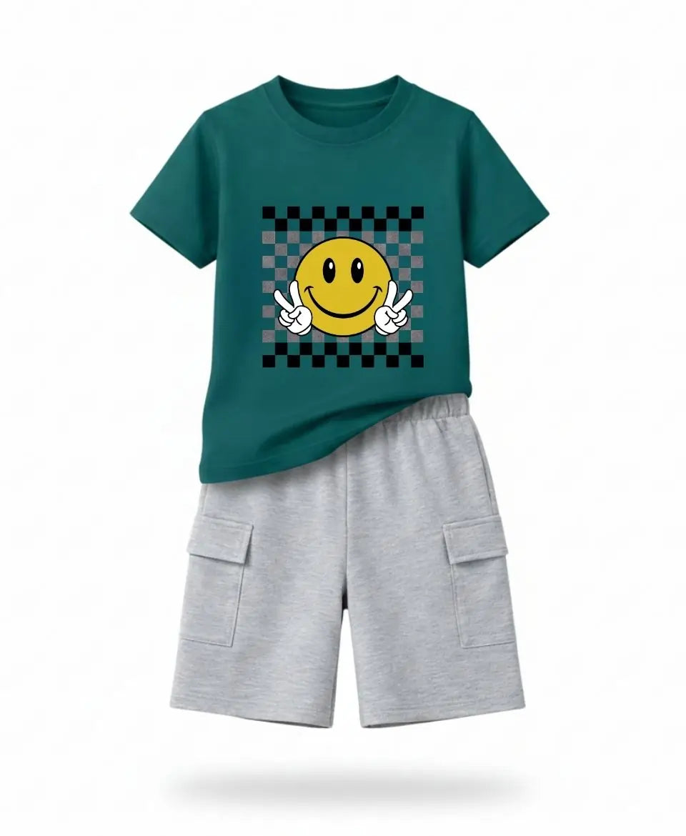 Smiley Checkered Sky Blue Summer Suit Set