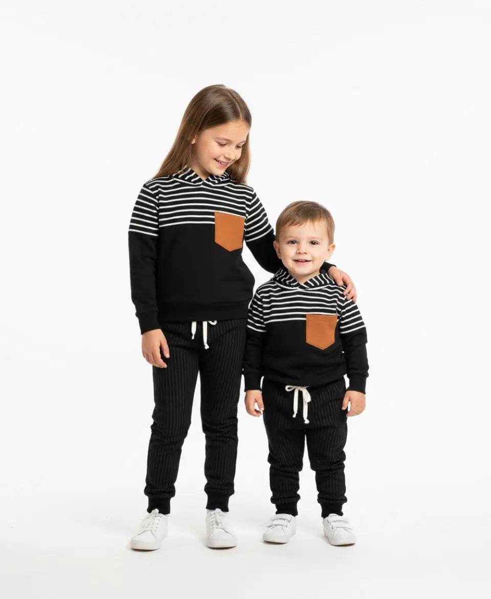 Unisex Cotton Hoodie & Trouser Set – Black Striped Winter Outfit