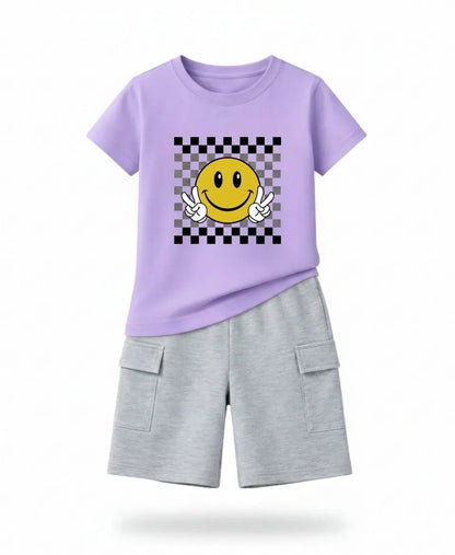 Smiley Checkered Sky Blue Summer Suit Set