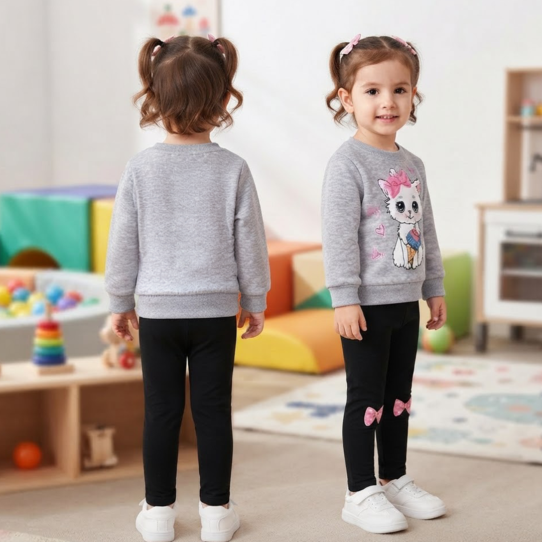Toddler Girls' Cute Kitten Grey Sweatshirt & Bow Legging Set