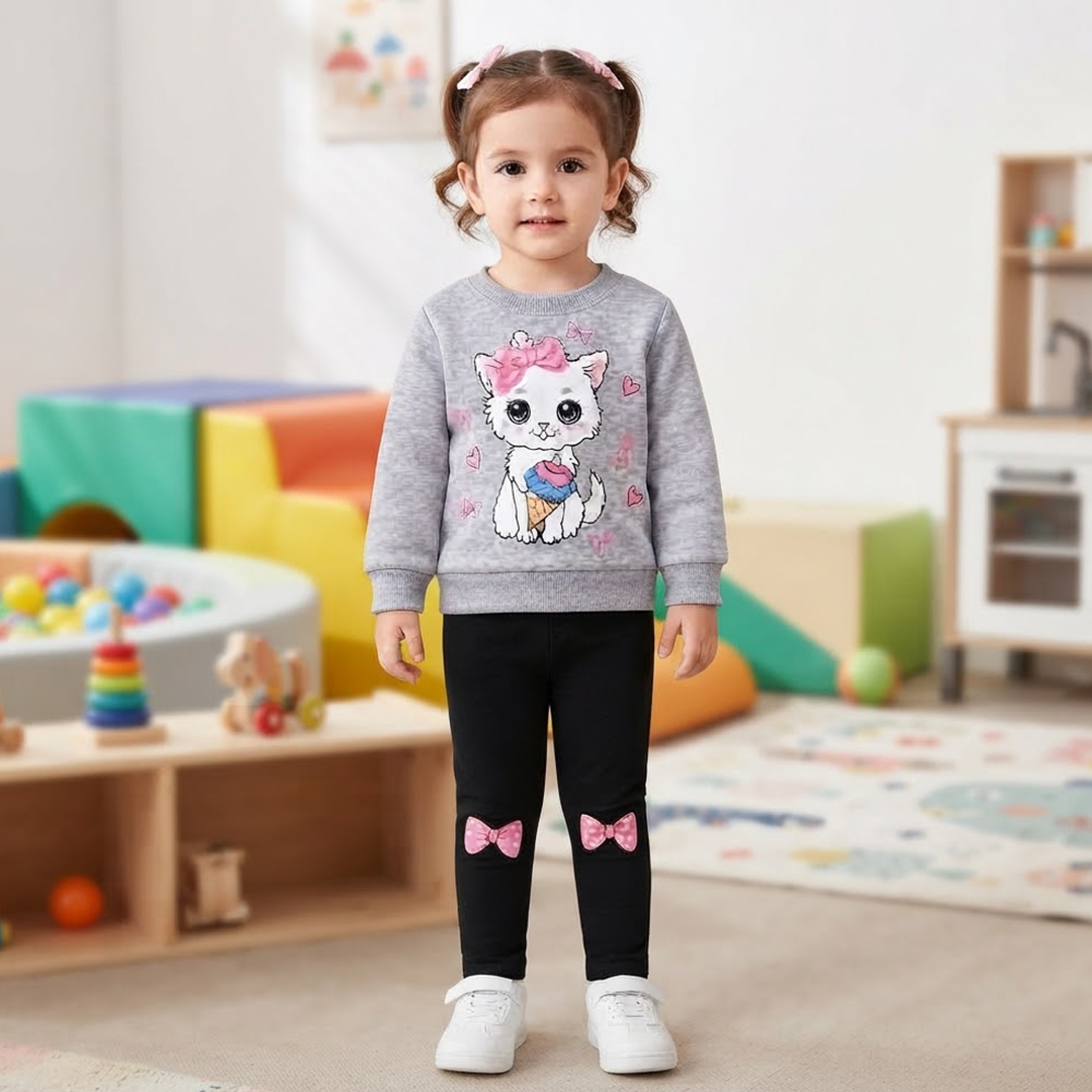 Toddler Girls' Cute Kitten Grey Sweatshirt & Bow Legging Set