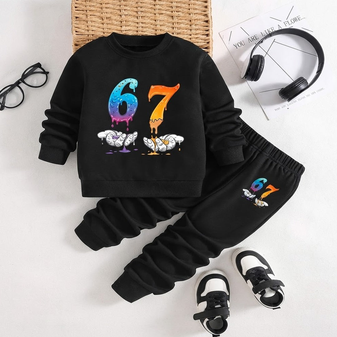 Kids "67" Drip Number Graphic Black Tracksuit Set
