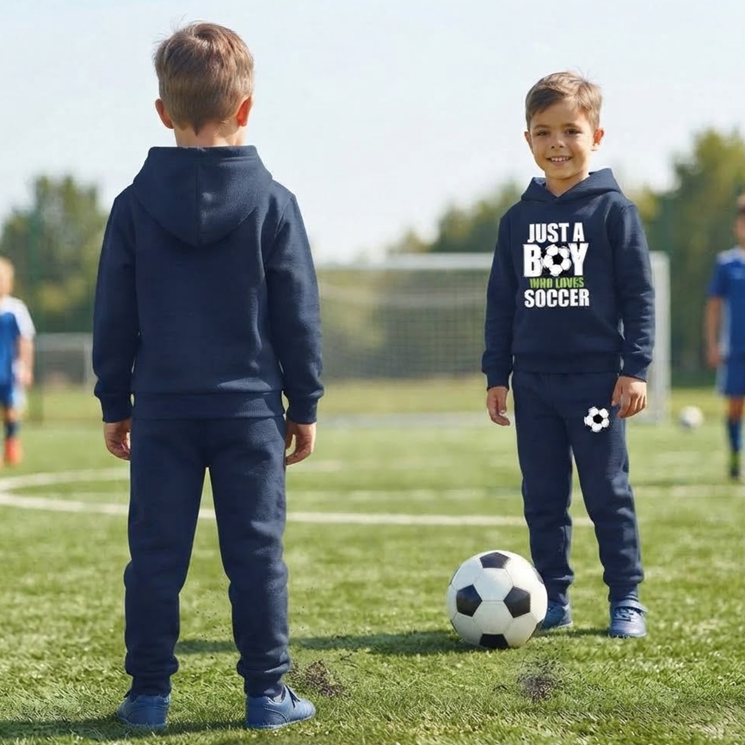 Kids' "Just a Boy Who Loves Soccer" Navy Blue Hoodie & Jogger Set